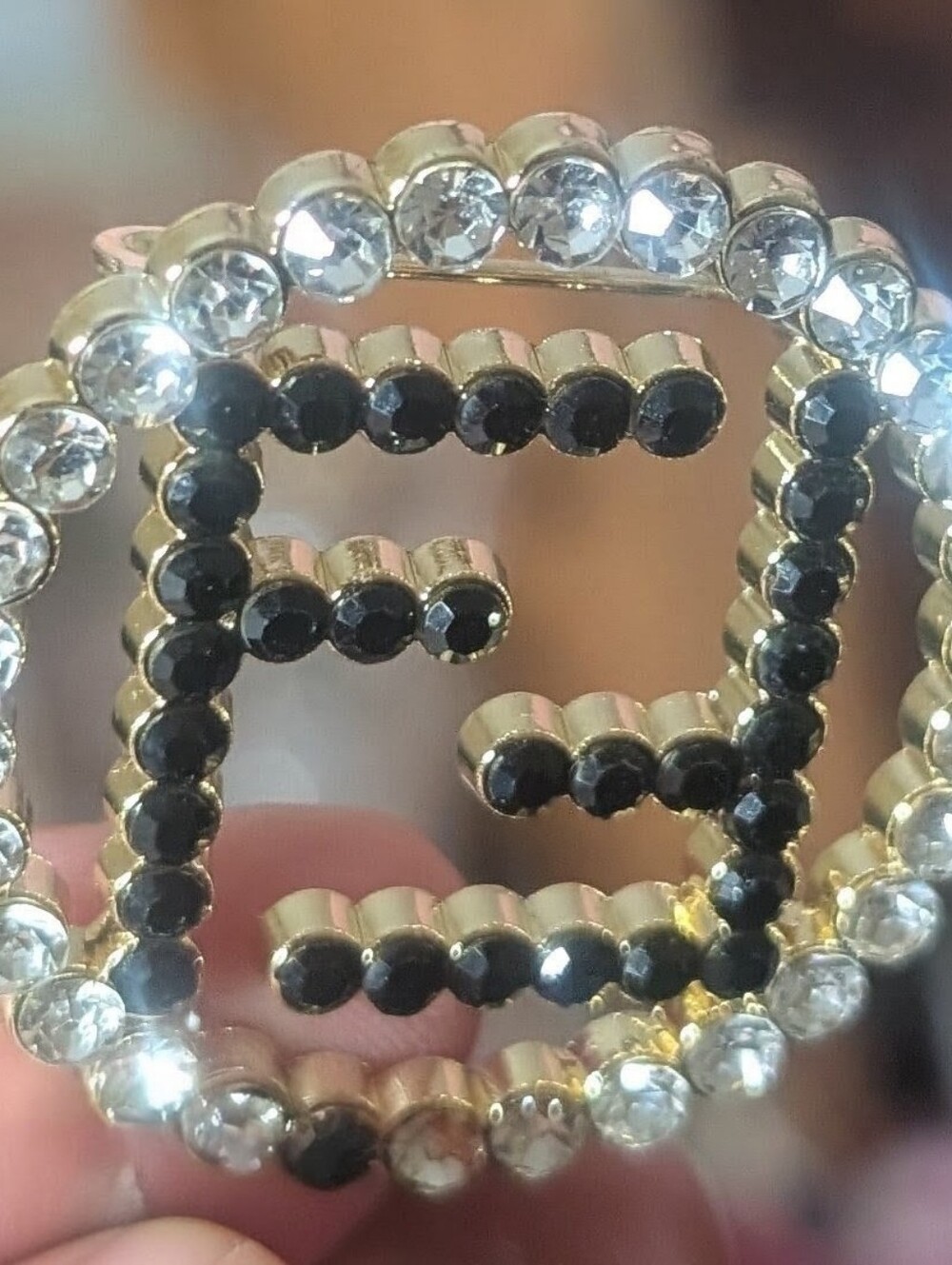 Gold-Tone Black & Clear Crystal Ring Brooch - Unbranded